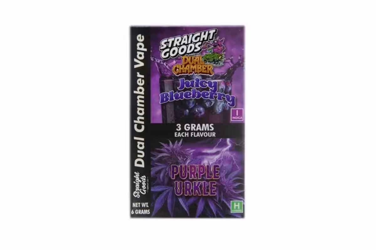Vape juice pack with blueberry flavor, 3 grams, for discreet vaping and cannabis users, featuring Purple Urkle strain and indica effects, optimized for THC and CBD consumers.