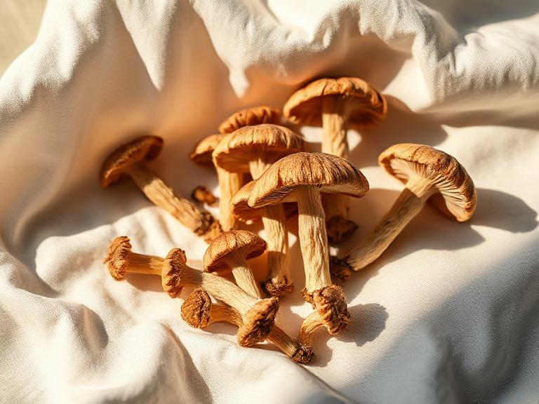 Sliced mushrooms on white fabric, fresh gourmet mushrooms for culinary use, natural and organic, healthy food ingredients, farm-to-table produce.