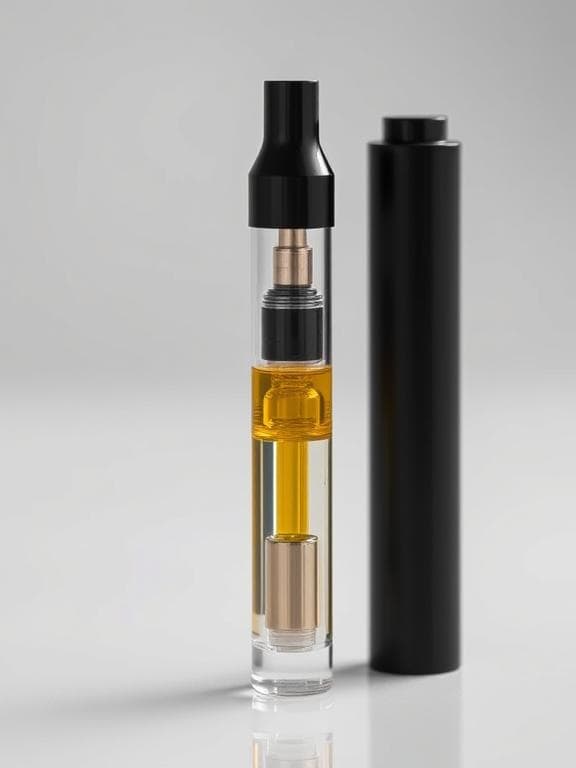 Vape cartridge with cannabis extract, cannabis oil, and vaporizer pen, vertical with black container, modern cannabis product, Great Canadian Buds.