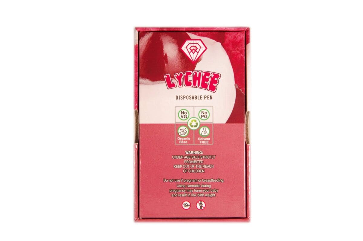 A close-up of Lychee flavored disposable cannabis pen packaging highlighting organic, solvent-free design, perfect for cannabis consumers seeking quality and convenience.