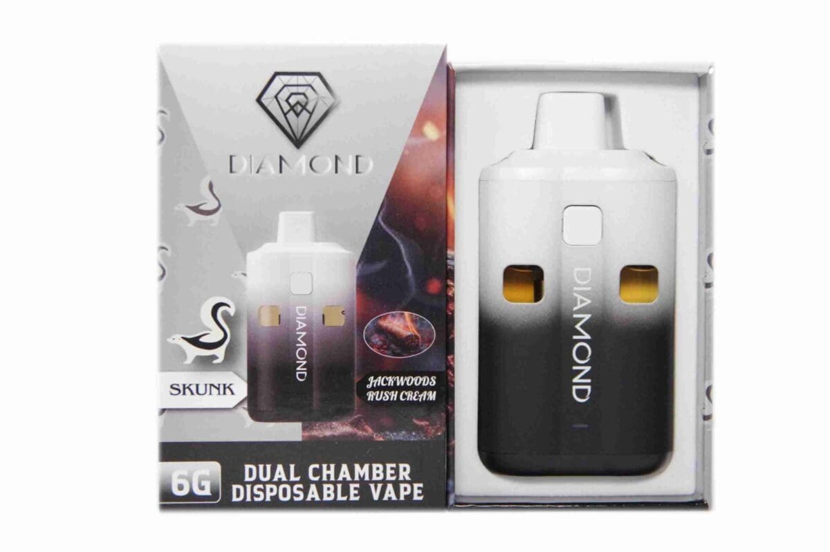 Vape device with Dual Chamber design, branded Diamond, in sleek black and white packaging, emphasizing cannabis oils and concentrates for adult recreational use.