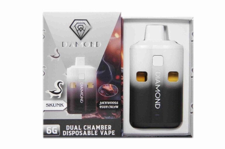 Vape device with Dual Chamber design, branded Diamond, in sleek black and white packaging, emphasizing cannabis oils and concentrates for adult recreational use.
