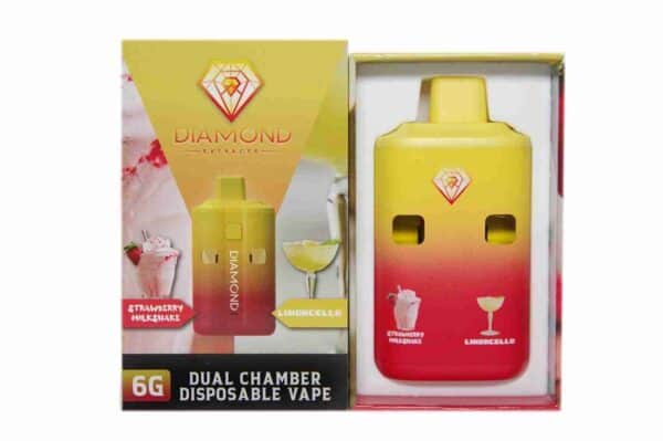Vape device with yellow and red gradient design featuring Diamond Extracts branding for cannabis concentrates and pre-filled cartridges.
