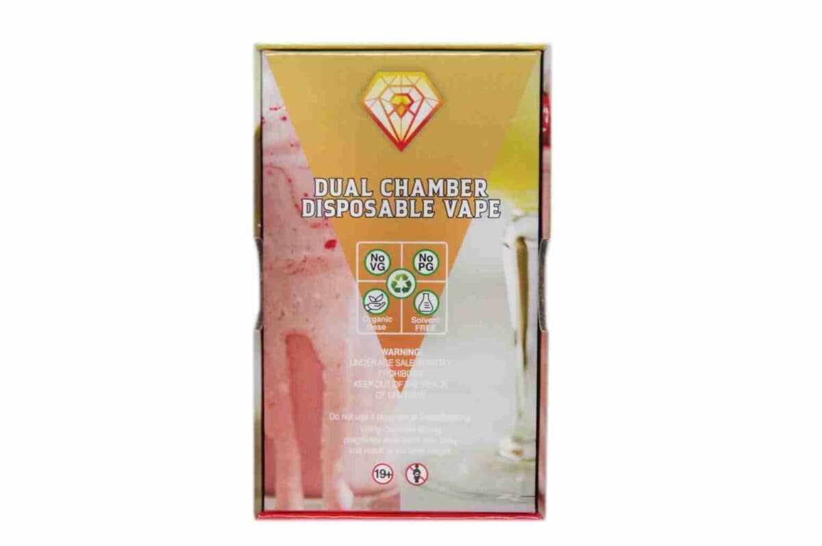 1. Disposable vape with dual chamber design, organic ingredients, no VG or PG, and solvent-free for smooth vaping experience.