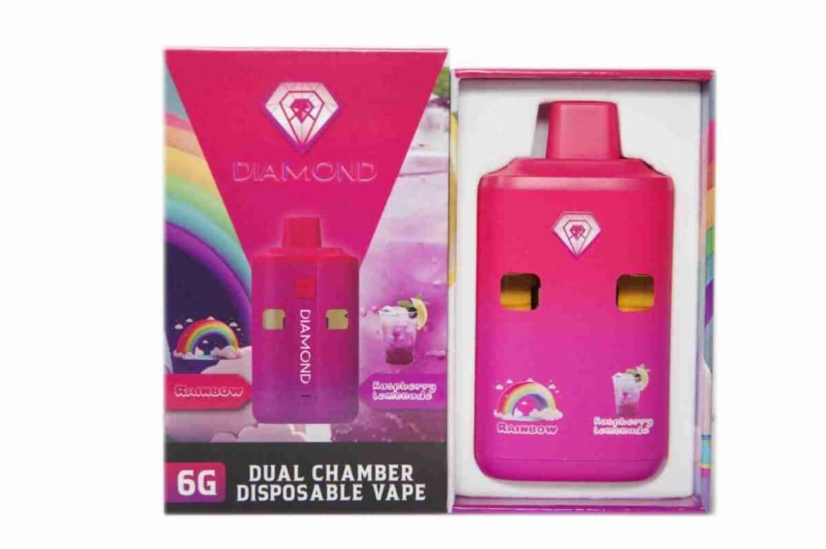 Vape device packaging featuring bright pink dual chamber disposable vape with rainbow and cloud graphics, marketed for cannabis use.