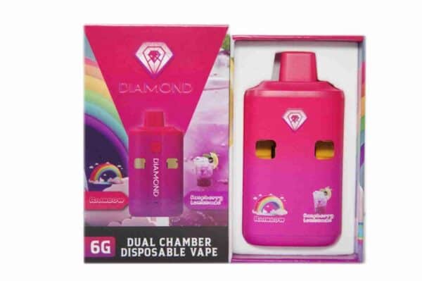 Vape device packaging featuring bright pink dual chamber disposable vape with rainbow and cloud graphics, marketed for cannabis use.
