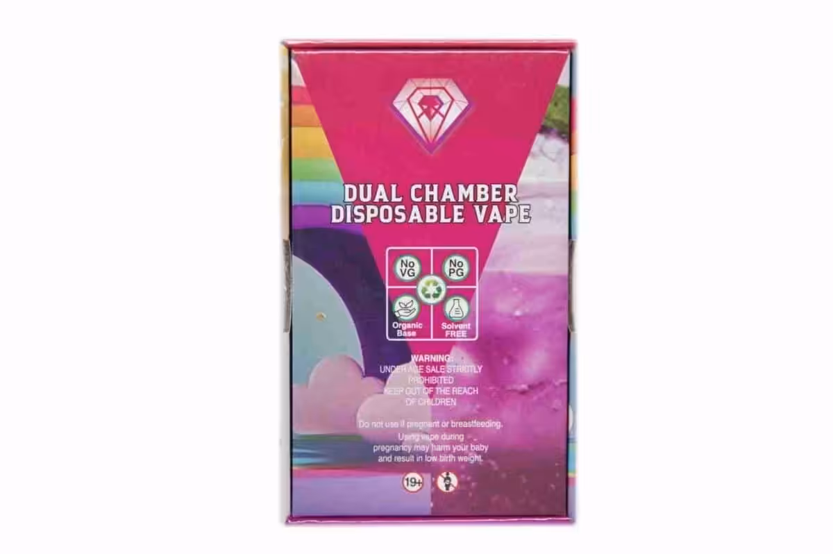 Dual chamber disposable vape with colorful, vibrant packaging featuring organic, solvent-free ingredients, perfect for discreet cannabis consumption from Great Canadian Buds.