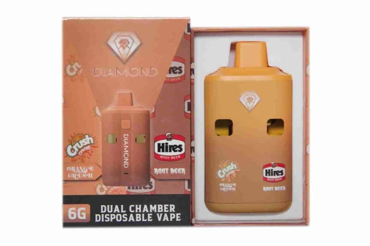 1. Dual chamber disposable vape device with diamond logo, orange color, and Hires Root Beer branding for cannabis concentrates and marijuana oil consumption.