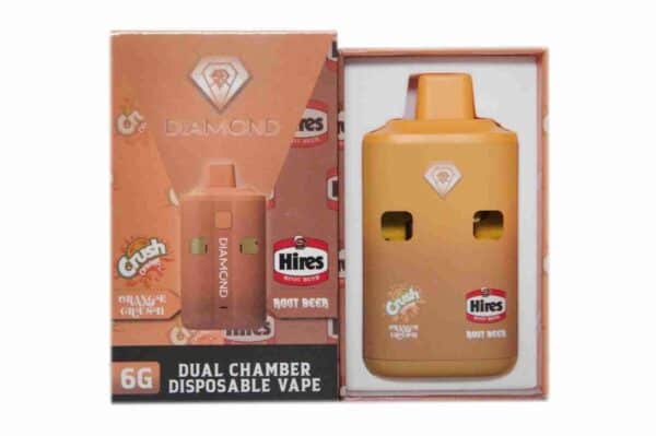1. Dual chamber disposable vape device with diamond logo, orange color, and Hires Root Beer branding for cannabis concentrates and marijuana oil consumption.