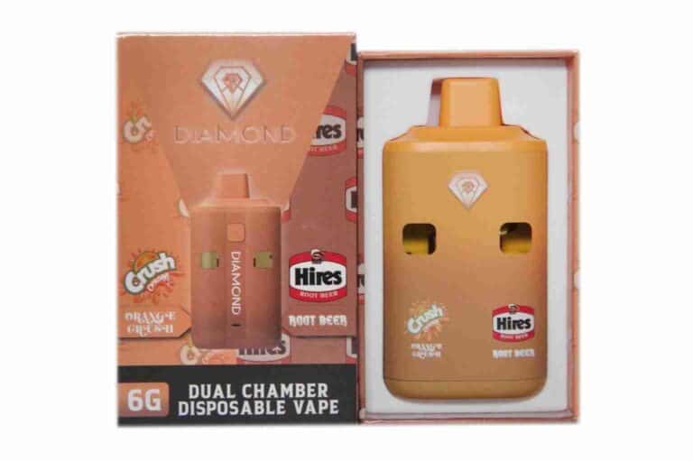 1. Dual chamber disposable vape device with diamond logo, orange color, and Hires Root Beer branding for cannabis concentrates and marijuana oil consumption.