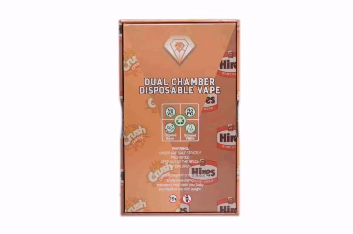 Vape packaging box showcasing dual chamber disposable vape with organic ingredients and no PG or VG, designed for discreet cannabis consumption and premium vaping experience.