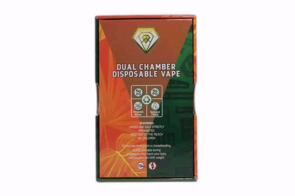 Dual chamber disposable vape package with organic, THC-free, and solvent-free features from Great Canadian Buds. Perfect for discreet cannabis consumption and smokeless vaping experience.