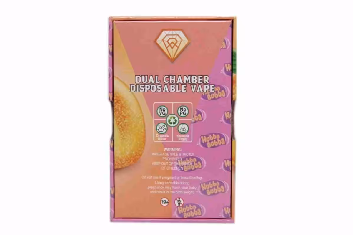 Disposable vape with dual chamber design, organic base, and no VG or PG, from Great Canadian Buds, perfect for cannabis and CBD enthusiasts seeking smooth, solvent-free vapor.