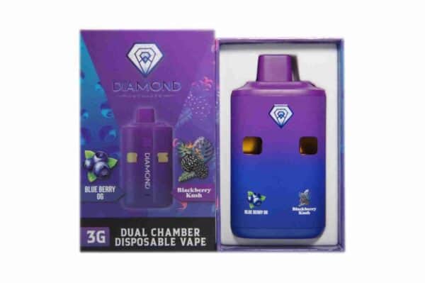 1. Compact purple disposable vape device featuring blueberry flavor and 3G dual chamber design, perfect for discreet cannabis consumption.