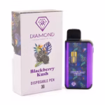 A sleek Diamond Blackberry Kush disposable vape pen featuring vibrant purple and floral design, offering high-quality Blackberry Kush cannabis extract for smooth, flavorful experiences. Perfect for on-the-go CBD and THC enjoyment.