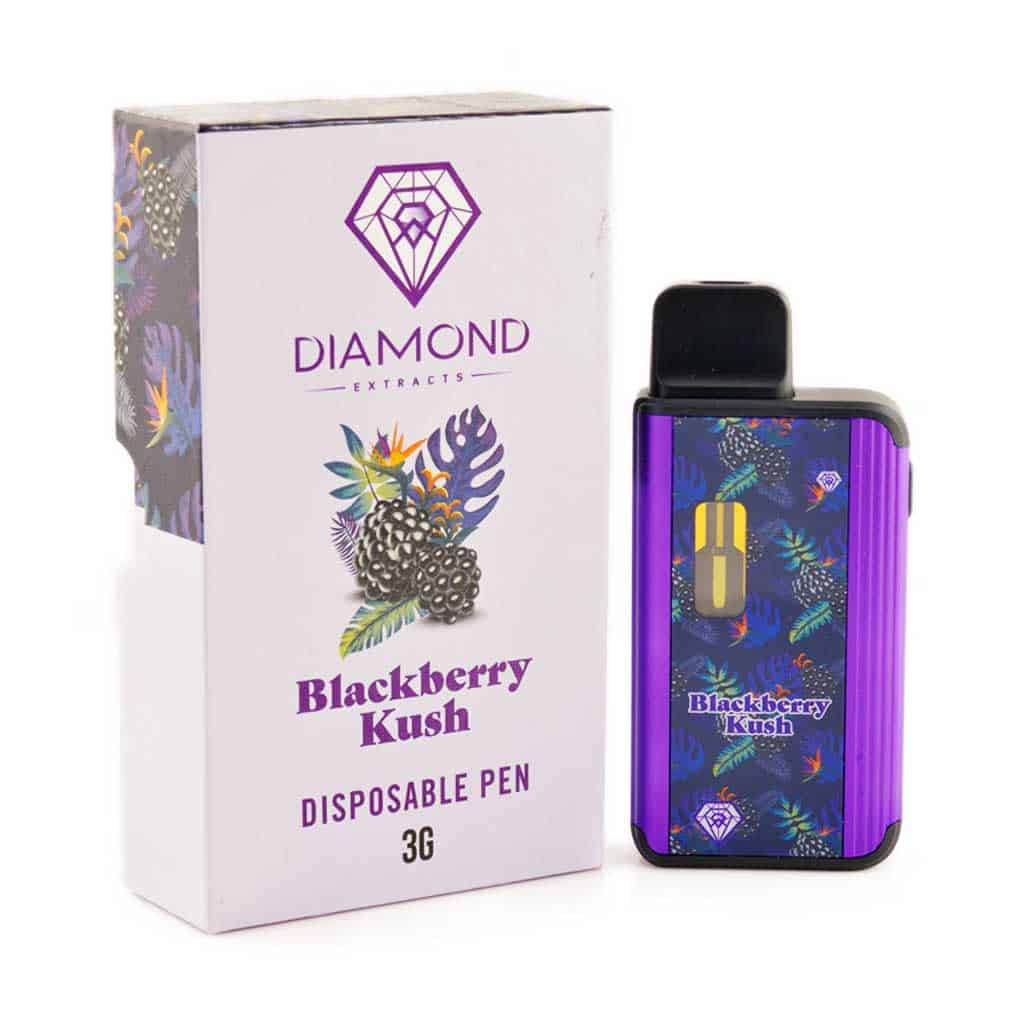 Diamond Blackberry Kush Disposable Vape, 3G - Premium Cannabis Vape Pen for Discreet Use and Relaxation. A sleek Diamond Blackberry Kush disposable vape pen featuring vibrant purple and floral design, offering high-quality Blackberry Kush cannabis extract for smooth, flavorful experiences. Perfect for on-the-go CBD and THC enjoyment.