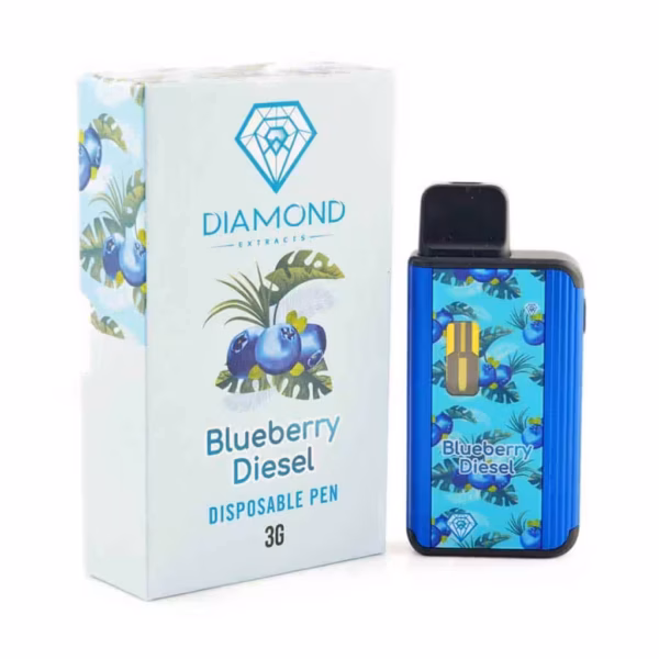 Blueberry Diesel disposable vape pen with blueberry and diesel flavor, discreet portable design, perfect for cannabis concentrates and oil consumption, high-quality Canadian cannabis product.