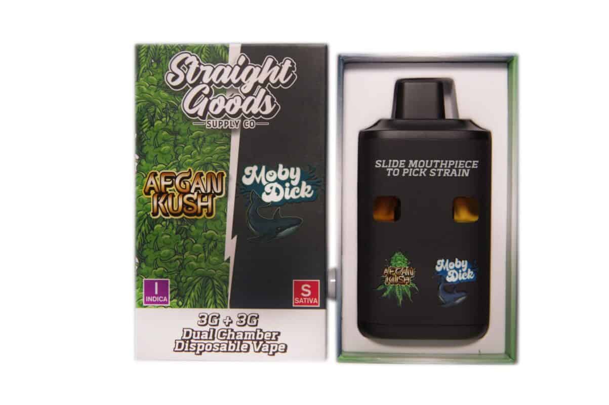 High-quality cannabis vape device featuring AFGAN KUSH and Moby Dick strains with dual chamber design for smooth vapor delivery.