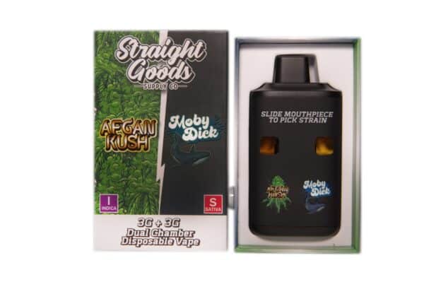 High-quality cannabis vape device featuring AFGAN KUSH and Moby Dick strains with dual chamber design for smooth vapor delivery.