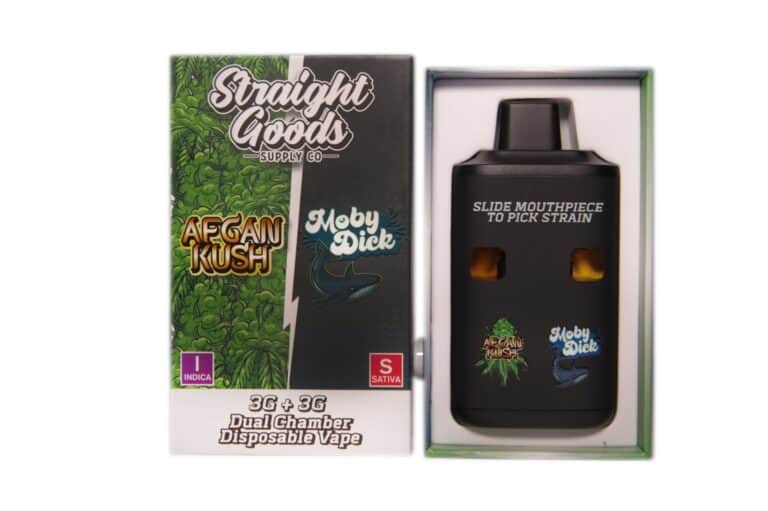 High-quality cannabis vape device featuring AFGAN KUSH and Moby Dick strains with dual chamber design for smooth vapor delivery.