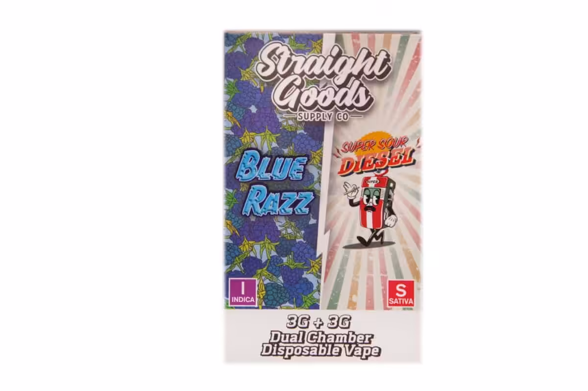 Vape cartridge with Blue Razz flavor, featuring a colorful grape design and "Super Sour Diesel" cartoon mascot, for cannabis concentrates.