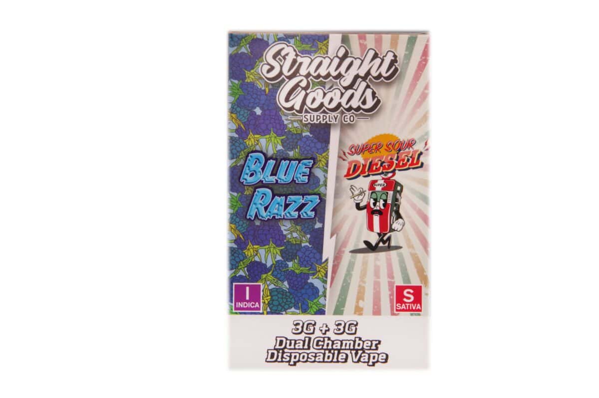Vape cartridge with Blue Razz flavor, featuring a colorful grape design and "Super Sour Diesel" cartoon mascot, for cannabis concentrates.