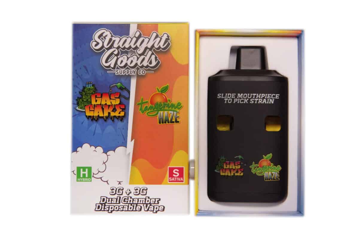 High-quality dual-chamber disposable vape, perfect for cannabis users, featuring tasty strains Gas Cake and Tangerine Haze, ideal for discreet and convenient cannabis vaping.
