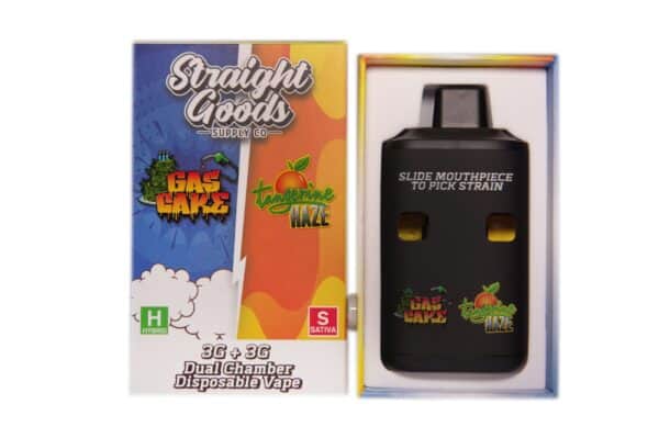 High-quality dual-chamber disposable vape, perfect for cannabis users, featuring tasty strains Gas Cake and Tangerine Haze, ideal for discreet and convenient cannabis vaping.