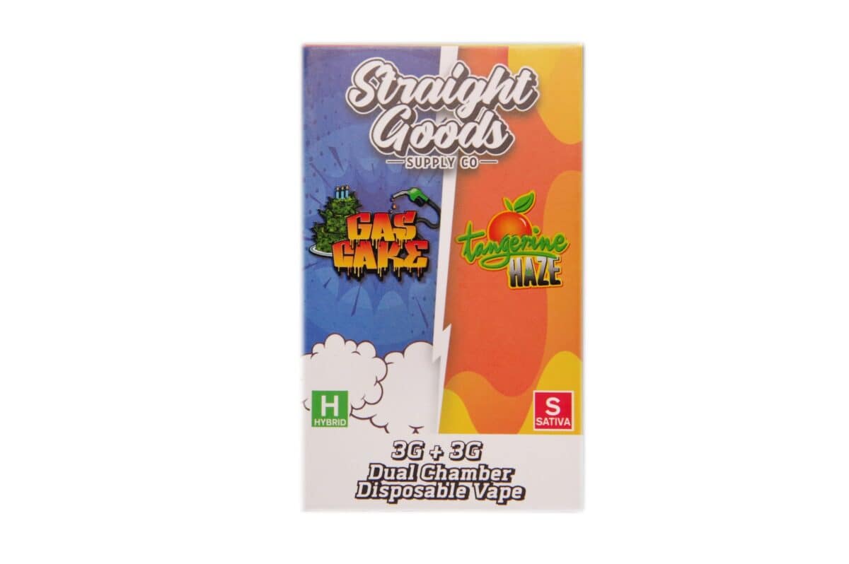 Vape containing cannabis strains Gas Cans, Tangie Haze, hybrid and sativa options with 3 grams dual chamber design, perfect for cannabis enthusiasts seeking high-quality, discreet, and flavorful vaping experience.