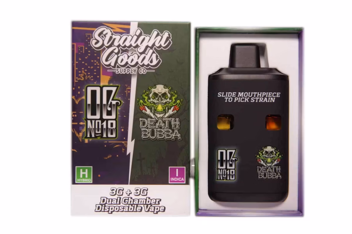 High-quality dual chamber disposable vape for cannabis concentrates, featuring a sleek design, easy-to-use slide mouthpiece, and branding from Death Bubba strain with OG N18 logo.