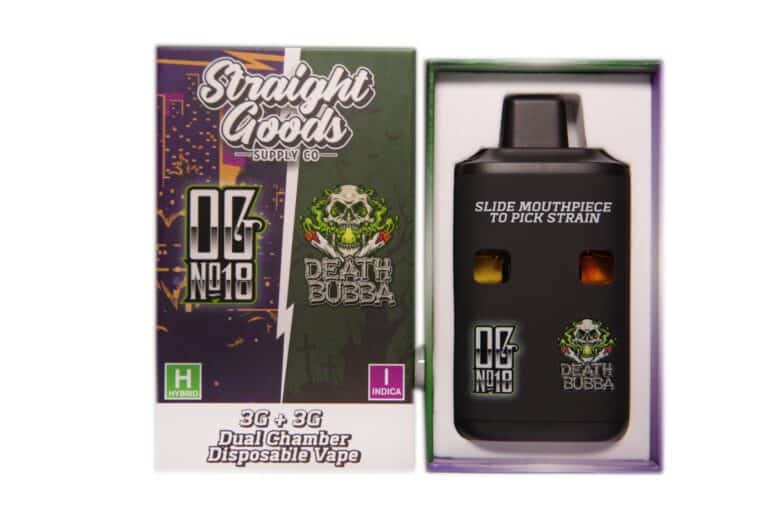 High-quality dual chamber disposable vape for cannabis concentrates, featuring a sleek design, easy-to-use slide mouthpiece, and branding from Death Bubba strain with OG N18 logo.