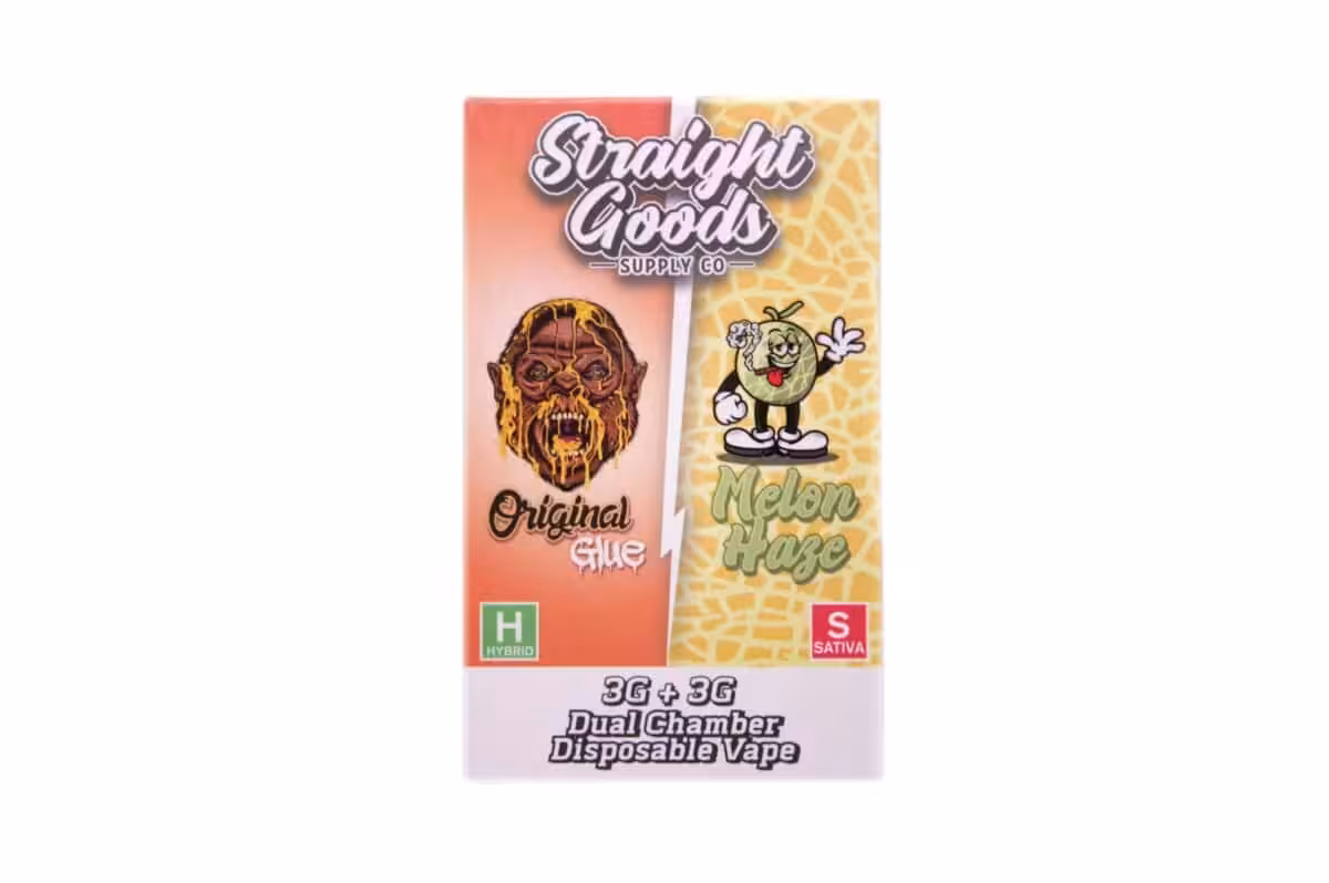 A colorful vape packaging for Str8 Goods Melon Haze featuring cannabis design and branding with hybrid and sativa labels, ideal for cannabis enthusiasts.