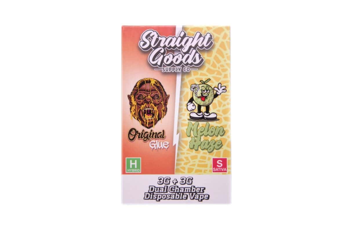 A colorful vape packaging for Str8 Goods Melon Haze featuring cannabis design and branding with hybrid and sativa labels, ideal for cannabis enthusiasts.