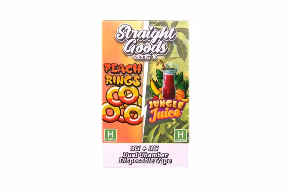 Bright, colorful image of Peach Rings and Jungle Juice packaging, highlighting a hybrid 3G + 3G dual-chamber disposable vape with vibrant fruit-themed design.