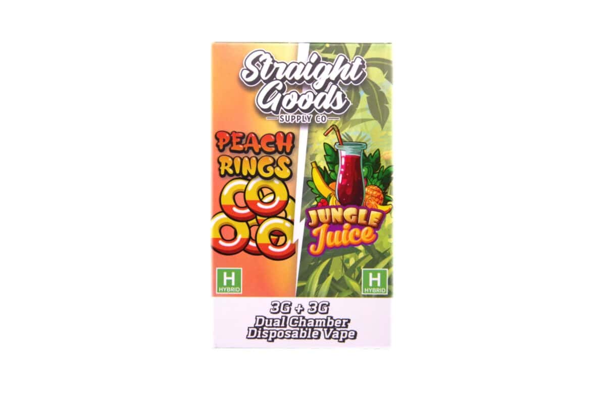 Bright, colorful image of Peach Rings and Jungle Juice packaging, highlighting a hybrid 3G + 3G dual-chamber disposable vape with vibrant fruit-themed design.