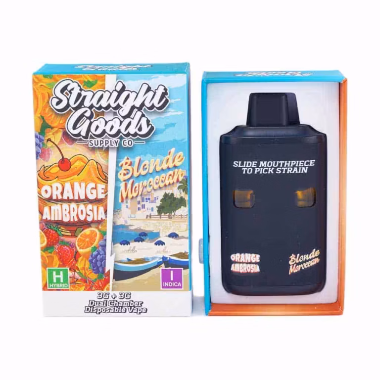A discreet, portable cannabis vape device featuring Orange Ambrosia and Blonde Marocean strains, ideal for cannabis enthusiasts seeking high-quality dual chamber disposable vape.