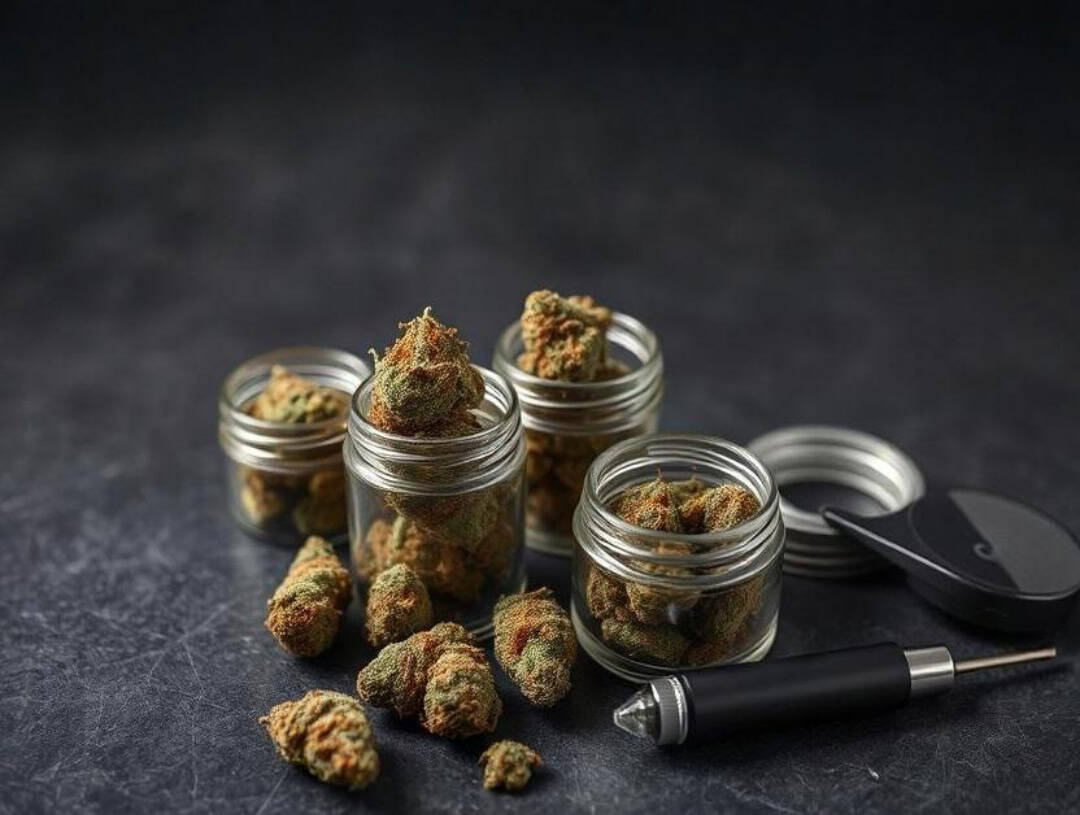 Premium Canadian cannabis buds stored in glass jars on a dark surface, showcasing high-quality marijuana for recreational and medicinal use.