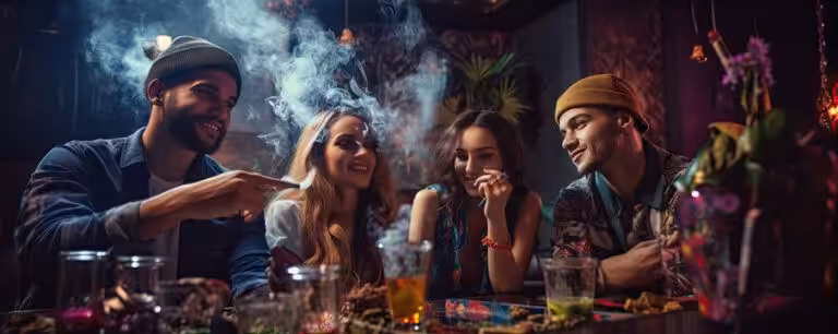 Young adults happily sharing and smoking cannabis in a cozy, vibrant setting with colorful decor and a friendly atmosphere.