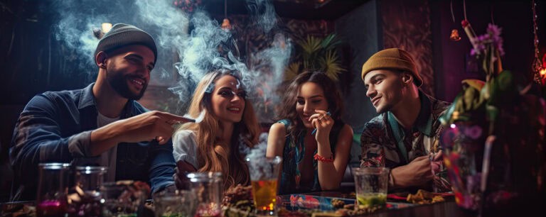 Young adults happily sharing and smoking cannabis in a cozy, vibrant setting with colorful decor and a friendly atmosphere.