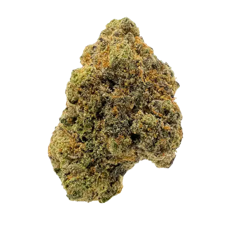 A close-up of a fresh, frosty cannabis bud featuring vibrant green and purple hues, covered with trichomes, showcasing quality marijuana for recreational or medicinal use.