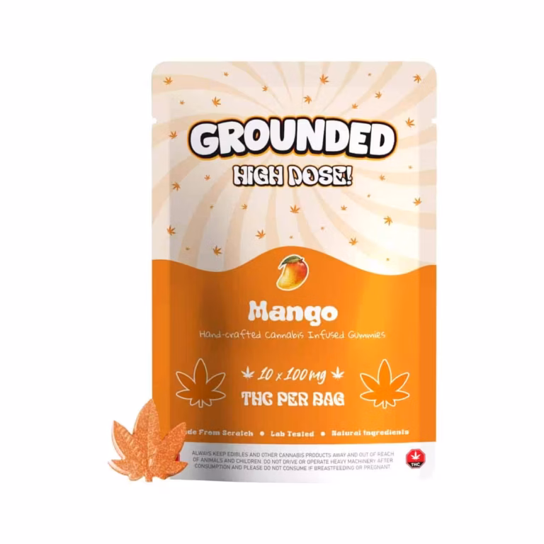 Bright orange packaging featuring mango illustration and cannabis leaves for Grounded High Dose Mango gummies.