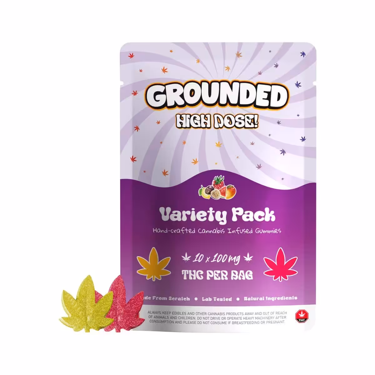 Grounded High Dose Gummies. Hand-crafted cannabis infused gummies, variety pack with 10 x 100mg doses, featuring natural ingredients, lab tested, crafted from scratch for a potent, enjoyable cannabis edible experience.