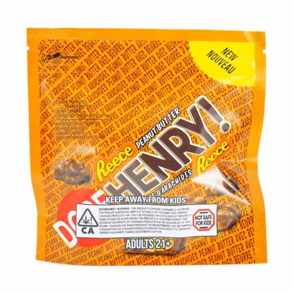 High-quality peanut butter Reese's edible cannabis gummy in bright orange packaging, suitable for adults 21+, containing THC, with clear safety warnings and government compliance.