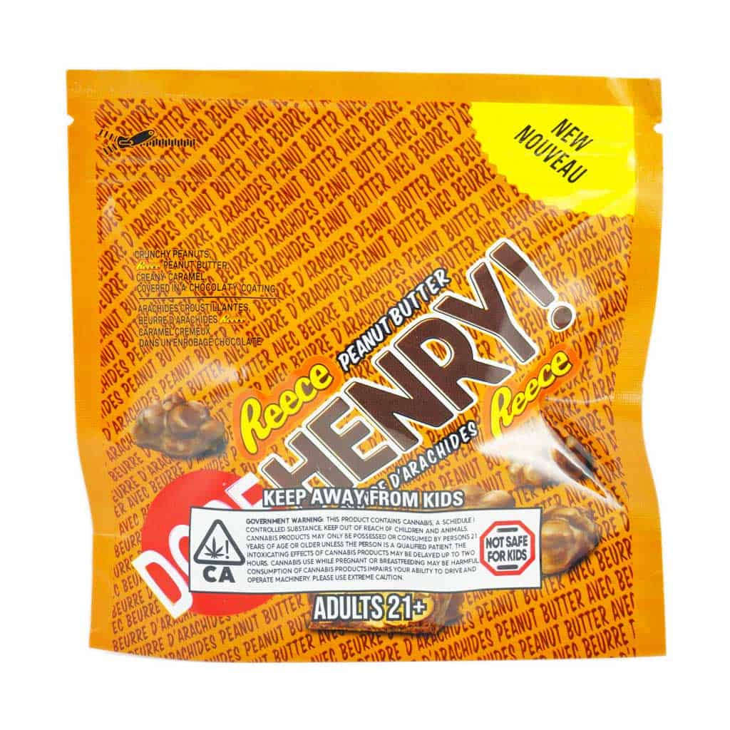 Peanut Butter Reese's edible cannabis gummy, infused with cannabis, safe for adults 21+, with THC content, vibrant orange packaging, and warning label. High-quality peanut butter Reese's edible cannabis gummy in bright orange packaging, suitable for adults 21+, containing THC, with clear safety warnings and government compliance.
