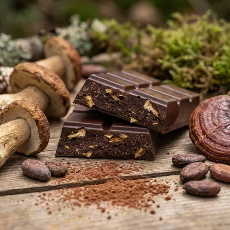 Delicious dark chocolate mushroom edible bar surrounded by fresh mushrooms and cacao powder, highlighting gourmet cannabis-inspired treats from Great Canadian Buds.