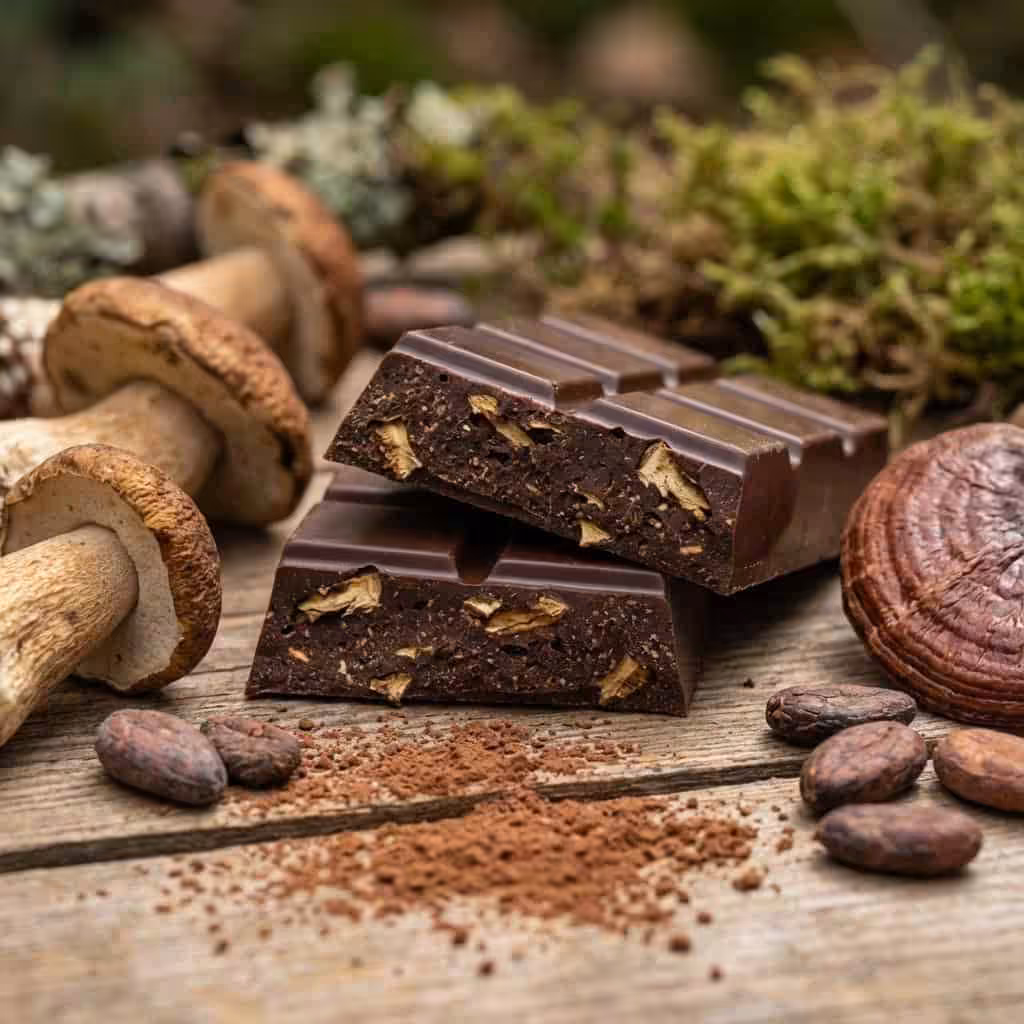 Delicious dark chocolate mushroom edible bar surrounded by fresh mushrooms and cacao powder, highlighting gourmet cannabis-inspired treats from Great Canadian Buds.