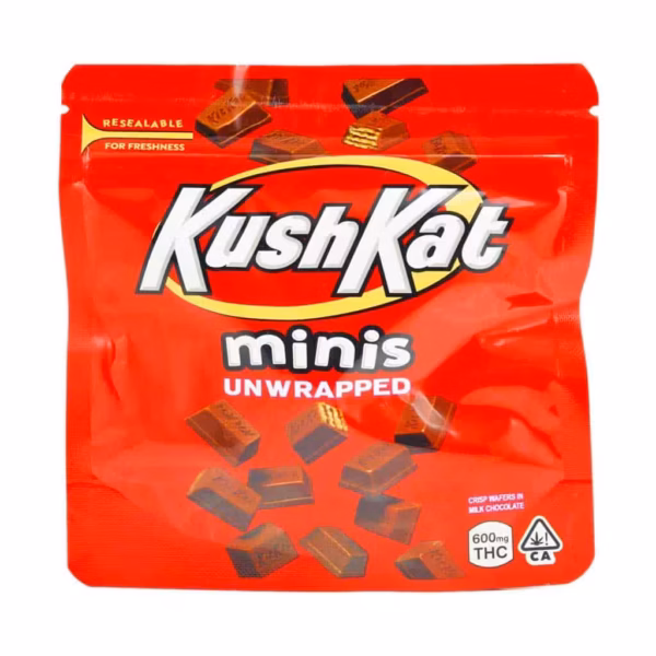 Resealable Kush Kat minis cannabis edibles with THC, unwrapped chocolate wafers, and discreet, tasty cannabis experience. Perfect for cannabis consumers seeking quality, flavor, and convenience.