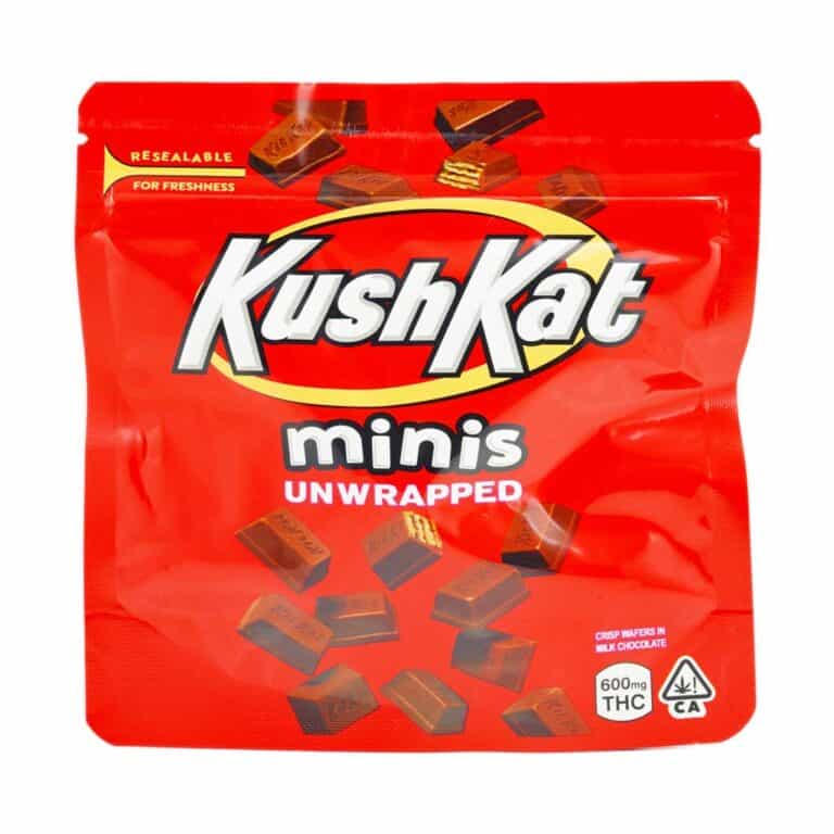 Resealable Kush Kat minis cannabis edibles with THC, unwrapped chocolate wafers, and discreet, tasty cannabis experience. Perfect for cannabis consumers seeking quality, flavor, and convenience.