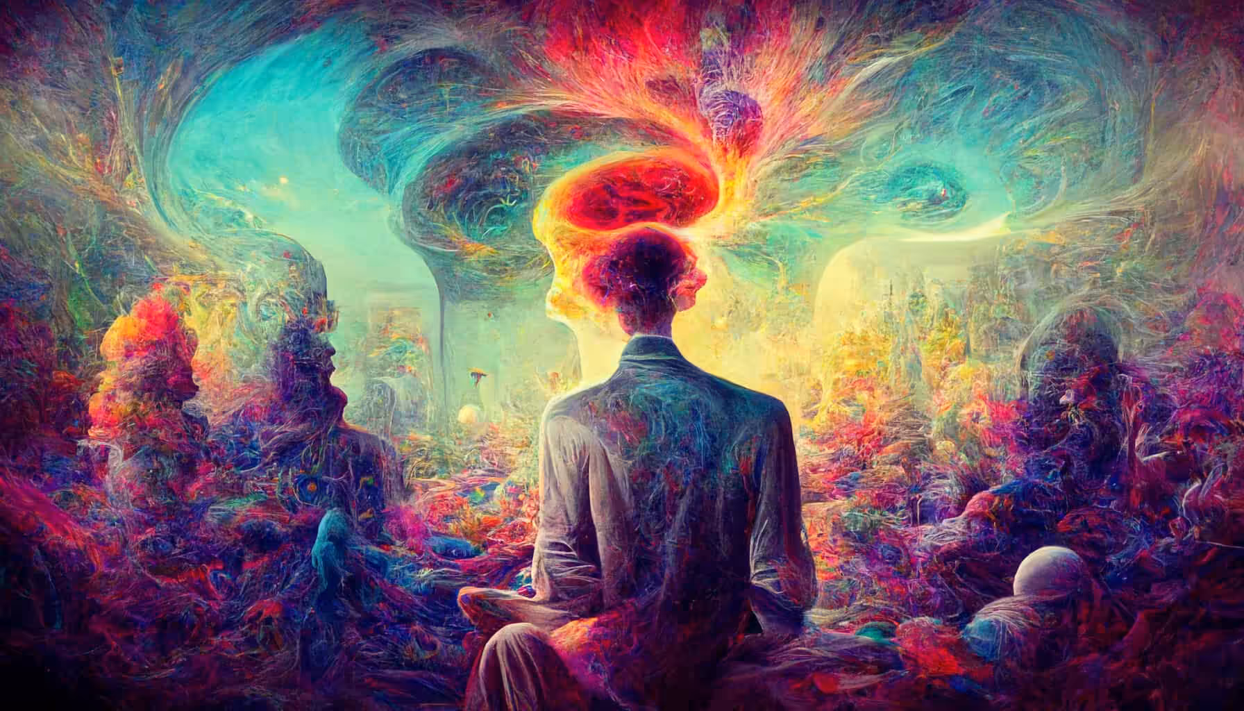Colorful and surreal digital art illustrating a person surrounded by psychedelic visuals and cannabis themes, emphasizing the essence of Great Canadian Buds.