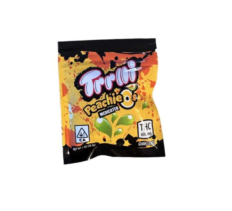 Bright yellow and orange cannabis-infused gummy candy package with tropical design and THC info.